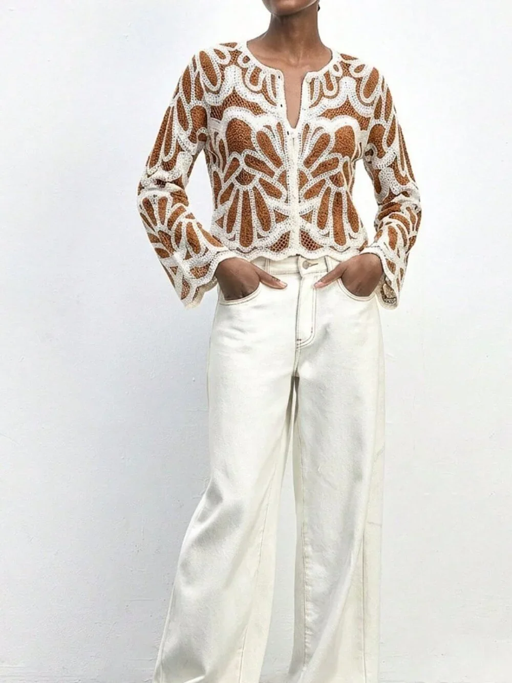 Brown Casual Women's Beach Vacation Allover Print Single-Breasted Cardigan